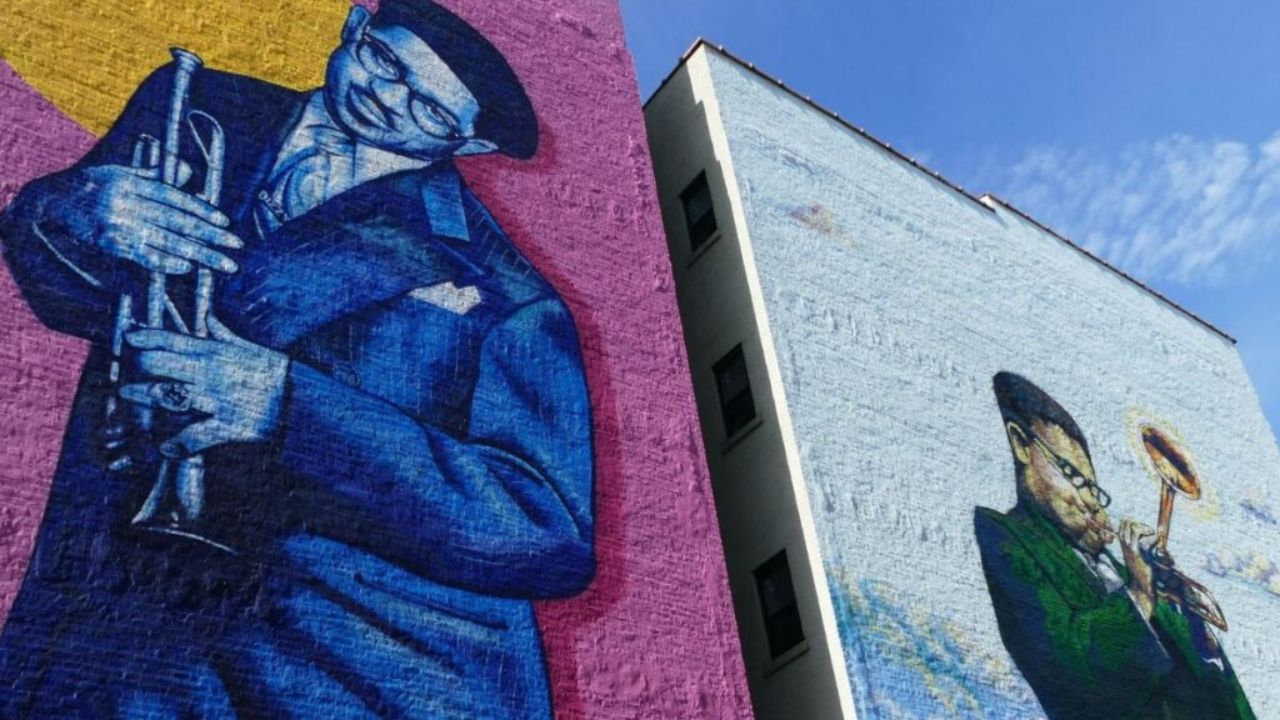 Harlem jazz scene featuring Dizzy Gillespie murals