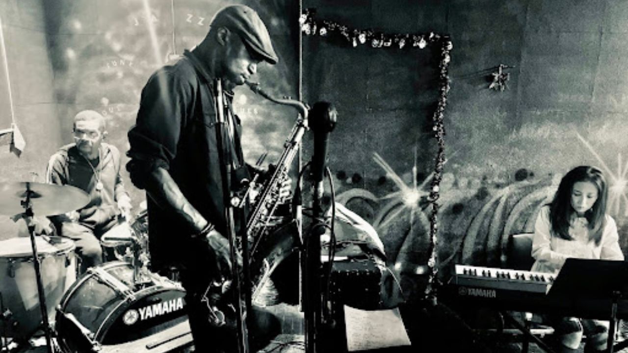 A small jazz ensemble performing live on a cozy stage.