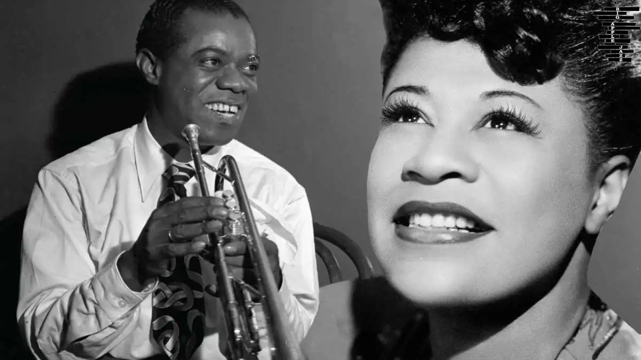 Louis Armstrong, Ella Fitzgerald posing for the camera